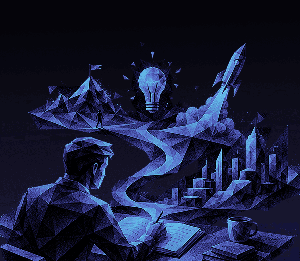 Illustration of a founder planning, with a path leading to a lightbulb, a rocket launch and a city skyline
